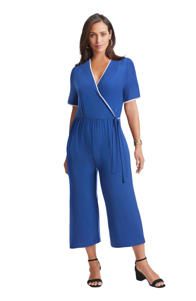 Jessica London Stretch Knit Cropped Wide Leg Jumpsuit, Main, color, Dark Sapphire