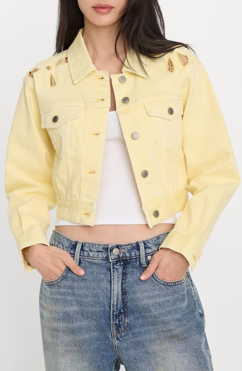 Good American Essential Embroidered Crop Denim Jacket, Main, color, Anise Yellow
