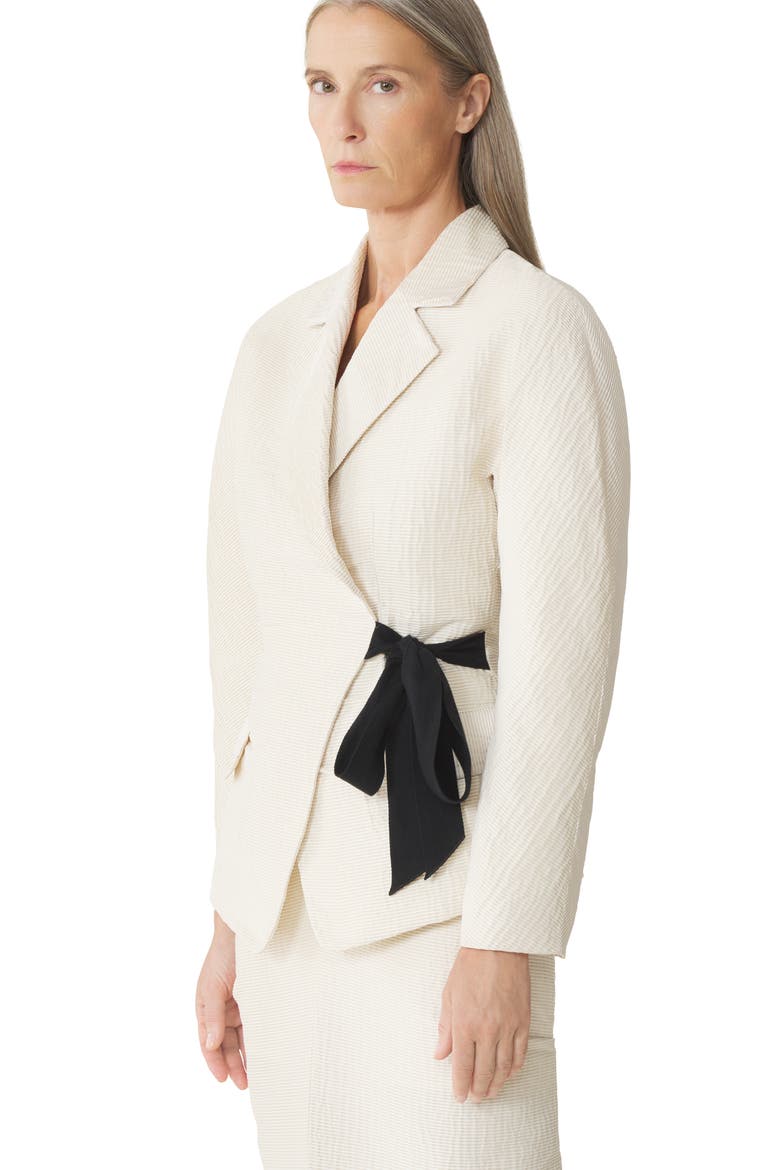 White Belted Jacquard Jacket, Alternate, color, Ecru
