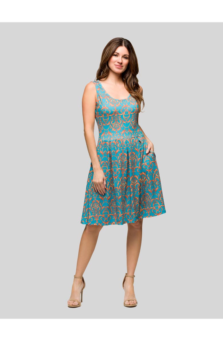 24seven Comfort Apparel Womens Essential Sleeveless Pleated Knee Length Pocket Dress, Main, color, Blue Multi
