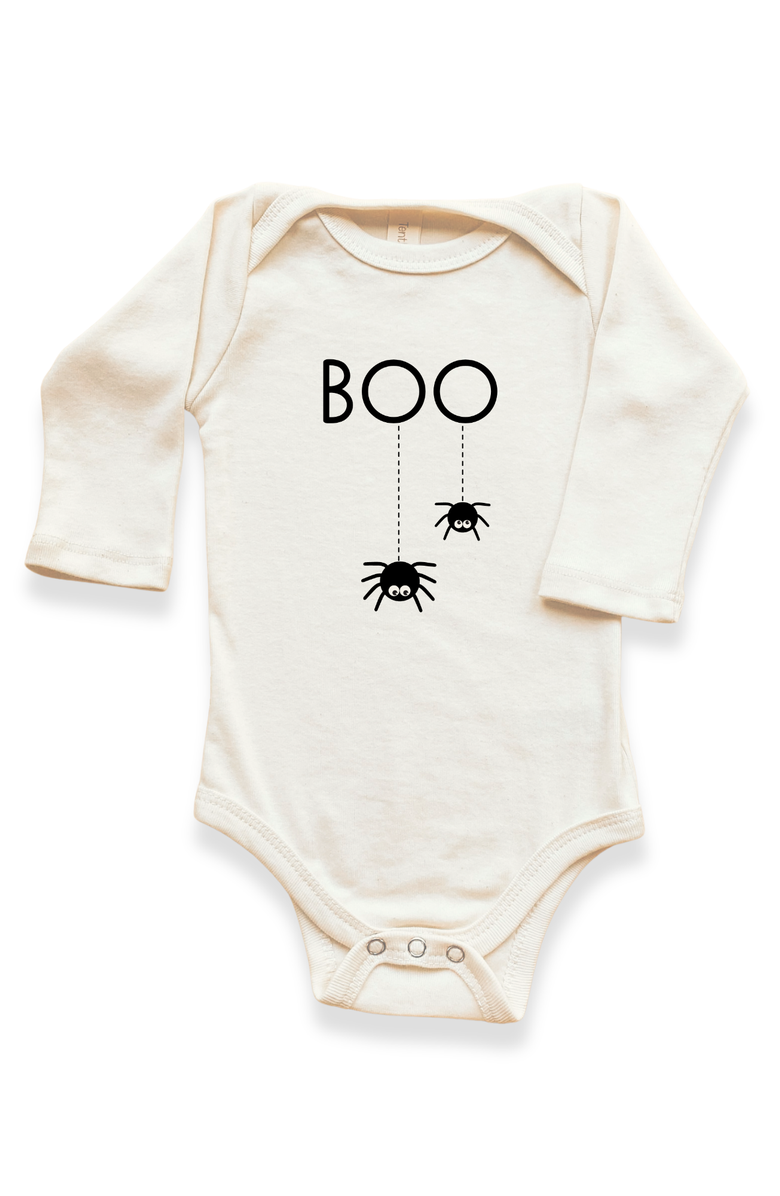 Tenth & Pine Boo - Organic Long Sleeve Baby Bodysuit, Main, color, Natural Black Lettering