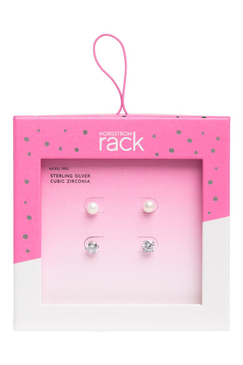 Set of 2 Sterling Silver Cubic Zirconia & Faux Pearl Stud Earrings, Alternate, color, CLEAR- WHITE- SILVER