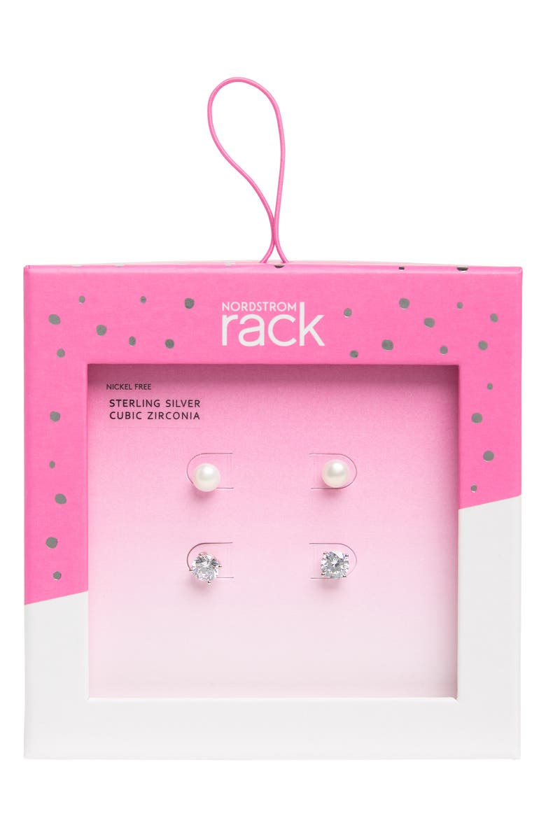 NORDSTROM RACK Set of 2 Sterling Silver Cubic Zirconia & Faux Pearl Stud Earrings, Main, color, Clear- White- Silver