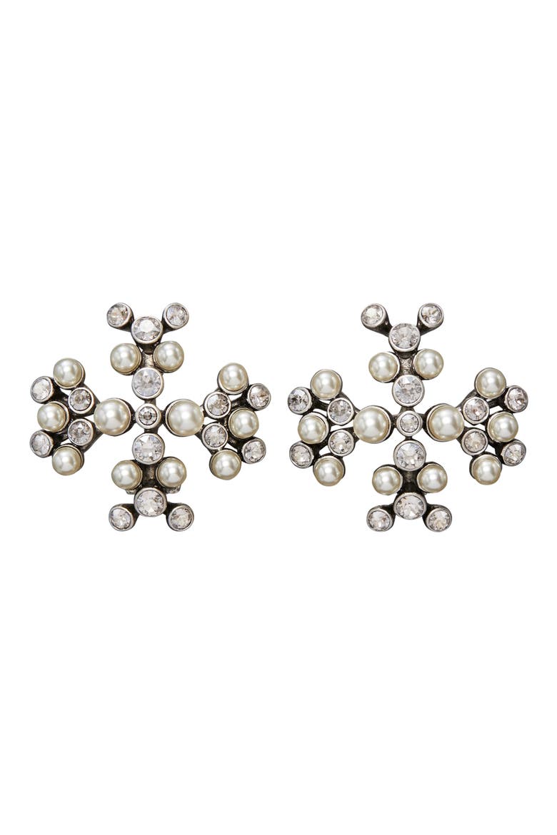 Moondance Glass Pearl & Crystal Clip-On Earrings, Main, color, TORY SILVER / CREAM / CRYSTAL
