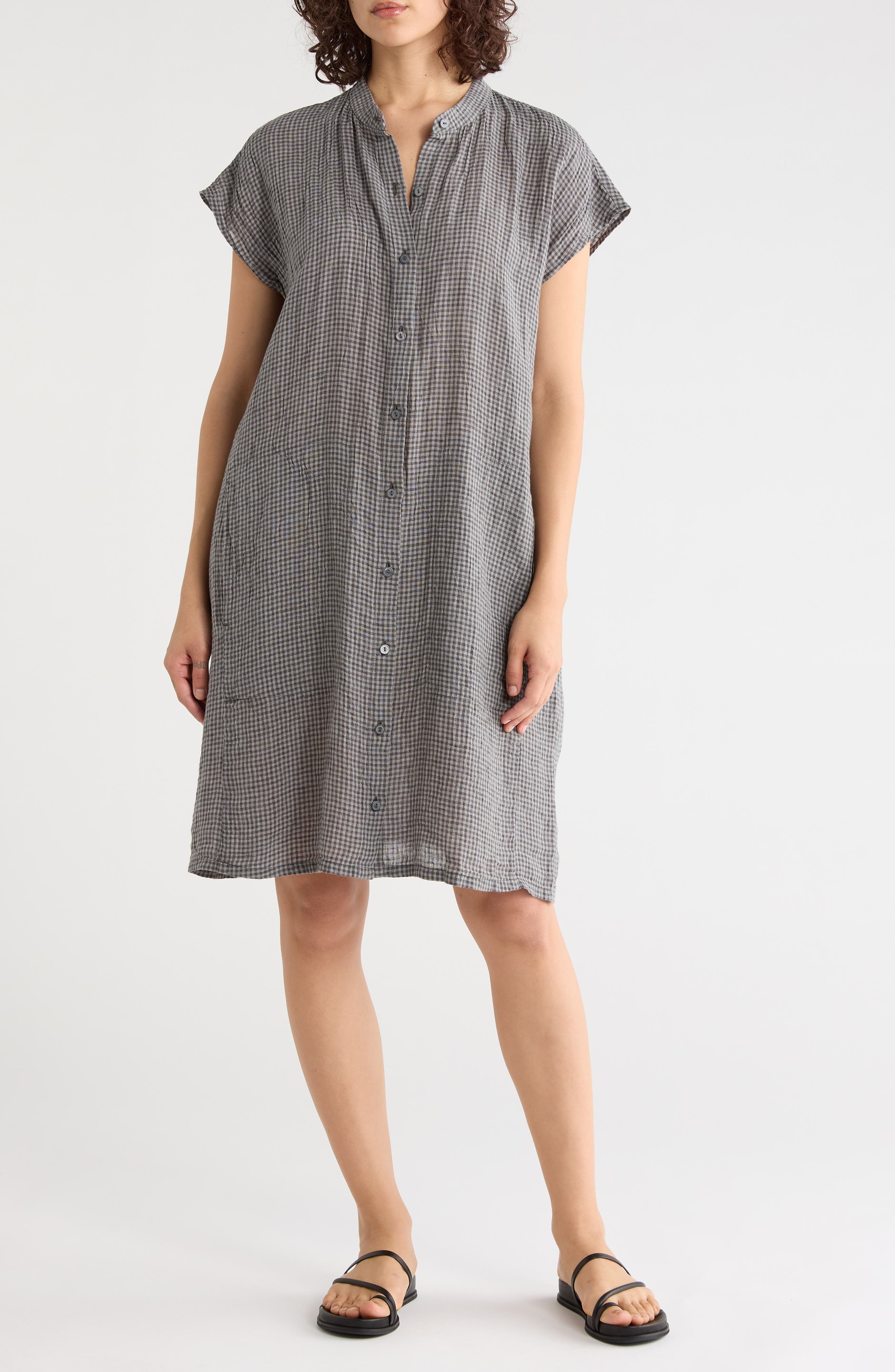 Gingham Organic Linen Mandarin Collar Dress