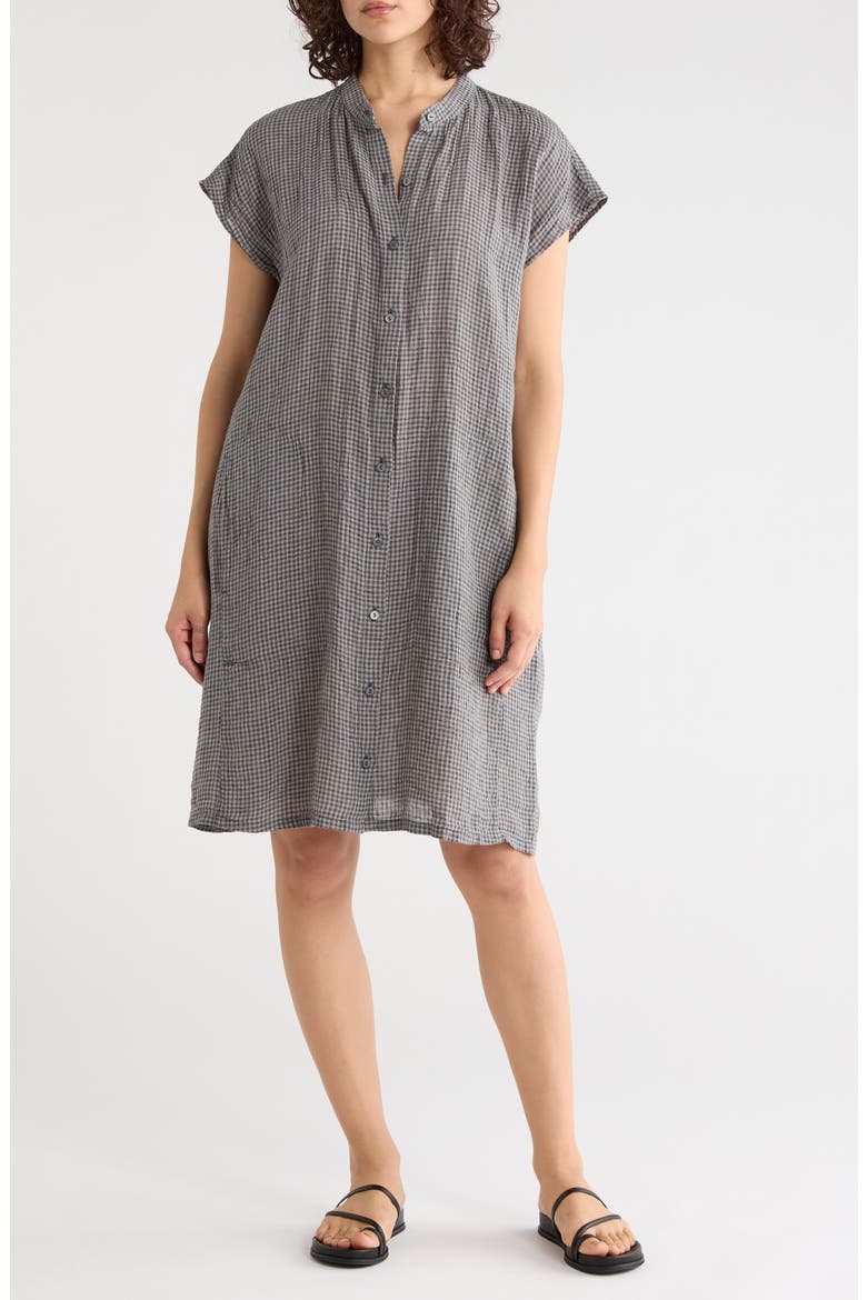 Gingham Organic Linen Mandarin Collar Dress, Main, color, GEYSER