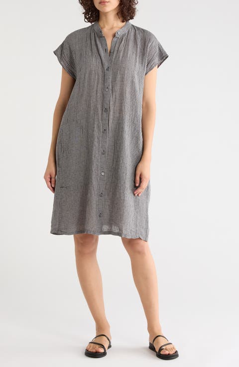 Gingham Organic Linen Mandarin Collar Dress