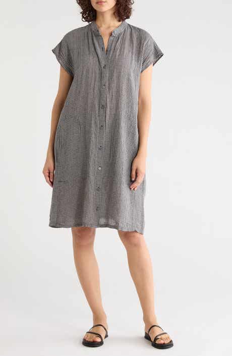 Gingham Organic Linen Mandarin Collar Dress