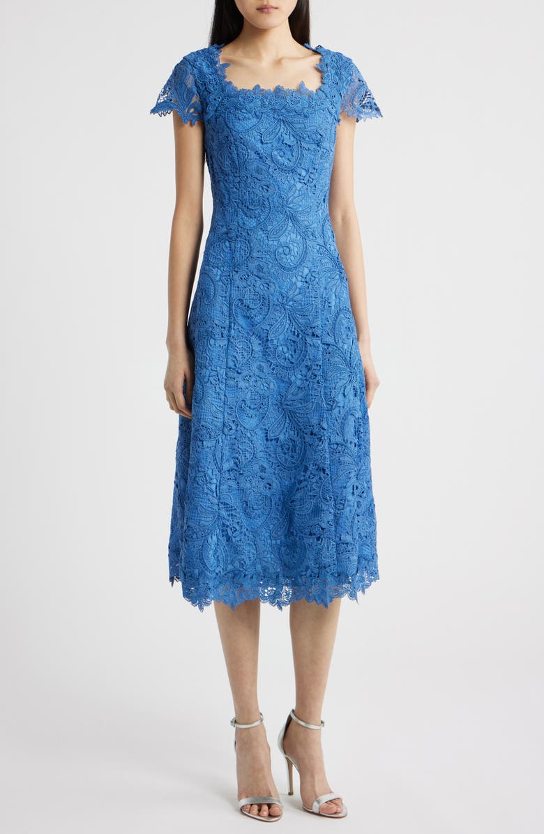 Tahari ASL Corded Lace Cocktail Midi Dress, Main, color, Riverside Blue