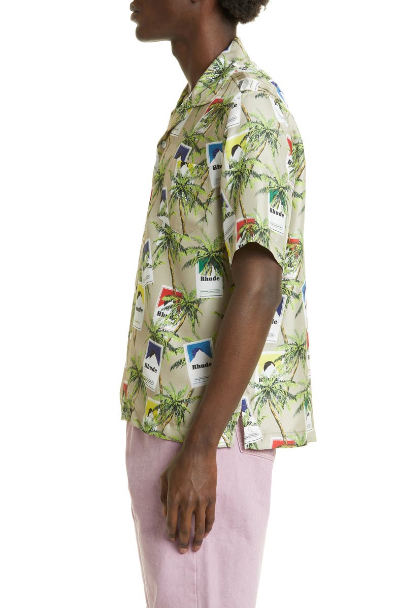 Rhude Palm Tree & Cigarette Print Silk Button-Up Camp Shirt, Alternate, color, 