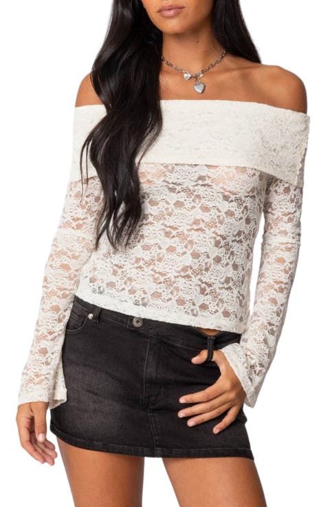 Ashley Sheer Floral Lace Off the Shoulder Top