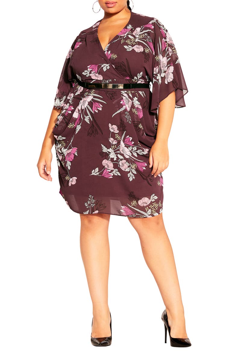 Lila Floral Print Faux Wrap Dress, Main, color, OXBLOOD FULL BLOOM