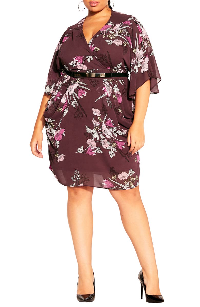 City Chic Lila Floral Print Faux Wrap Dress, Main, color, 