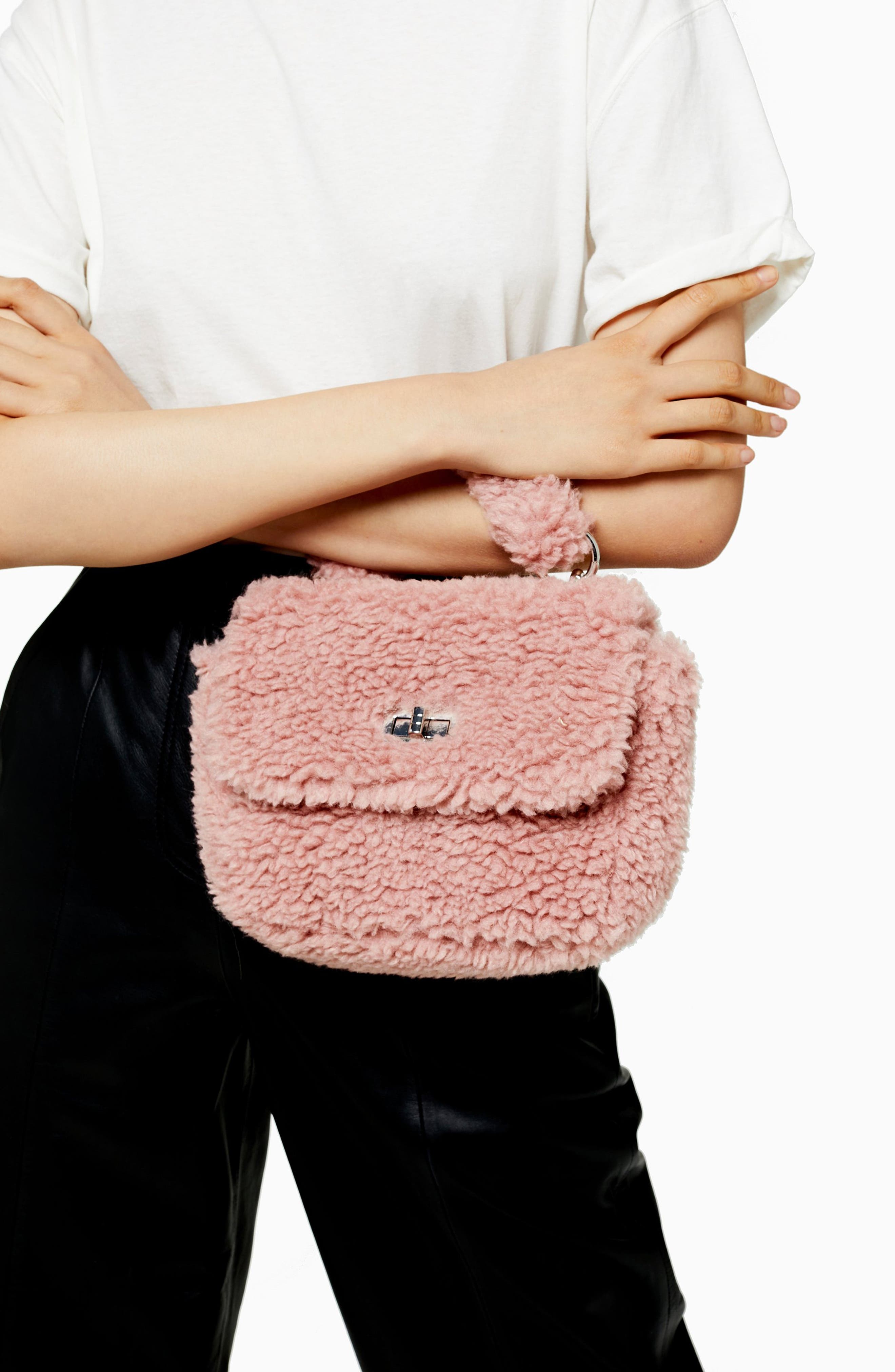 Topshop Faux Shearling Shoulder Bag, Alternate, color, 