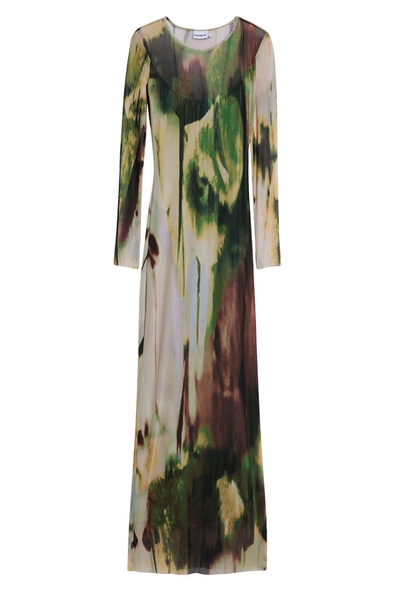Print Mesh Long Sleeve Maxi Dress, Alternate, color, MILITARY GREEN