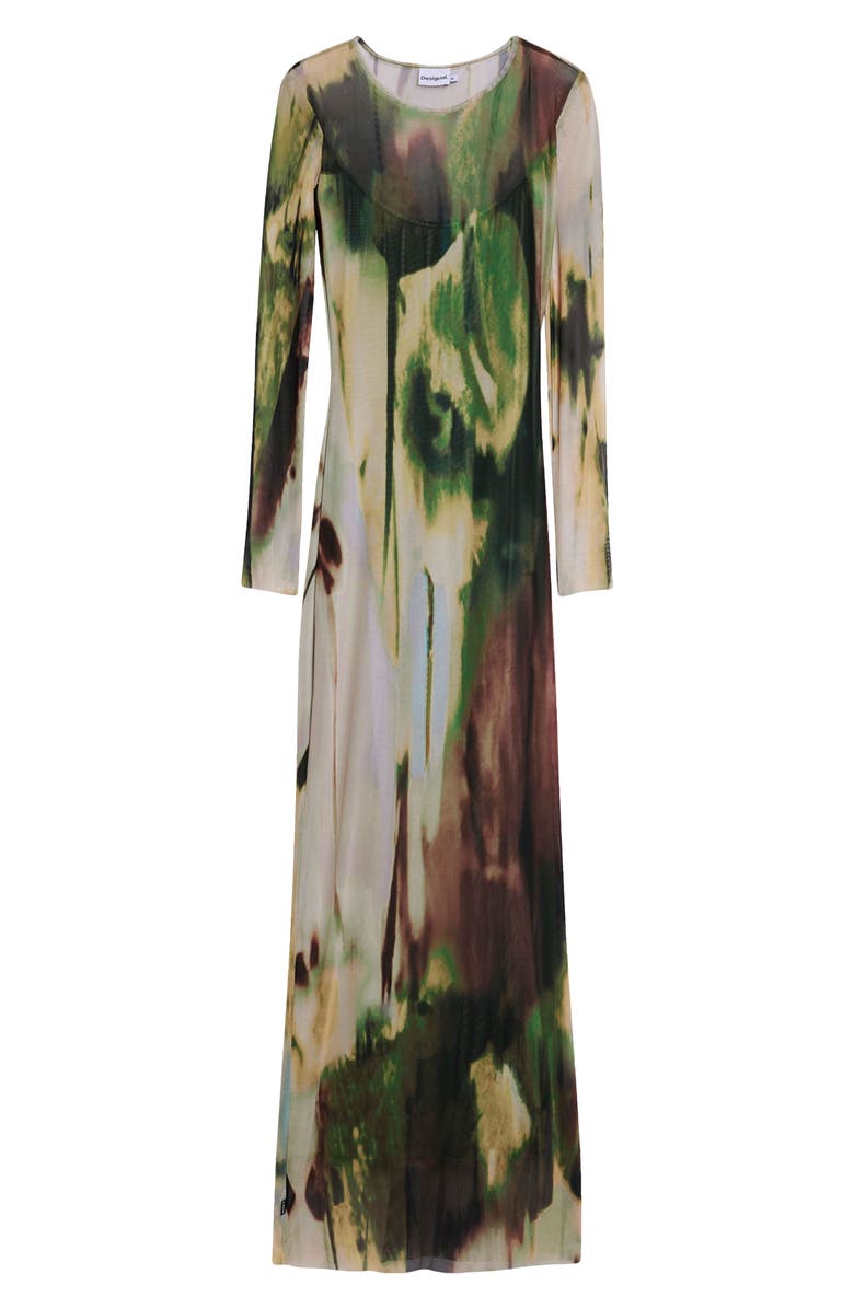 Desigual Print Mesh Long Sleeve Maxi Dress, Alternate, color, Military Green