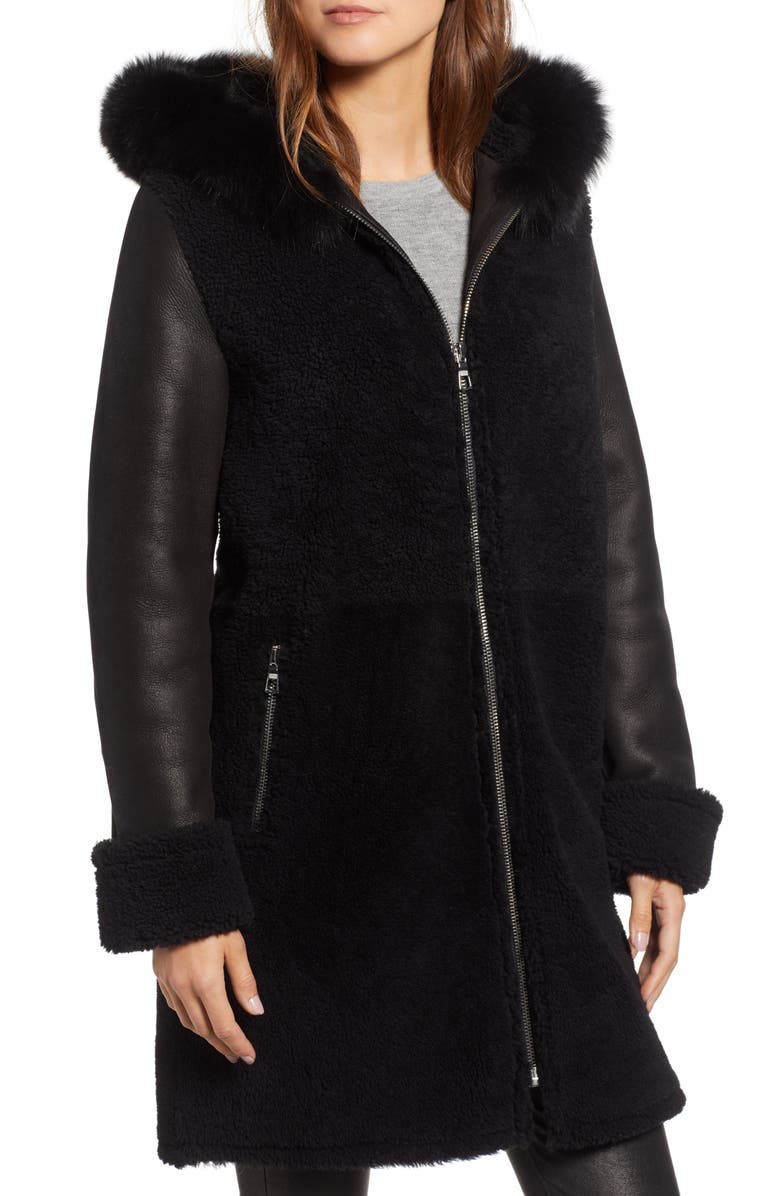 Blue Duck Genuine Shearling Jacket with Genuine Fox Fur Trim, Alternate, color, 
