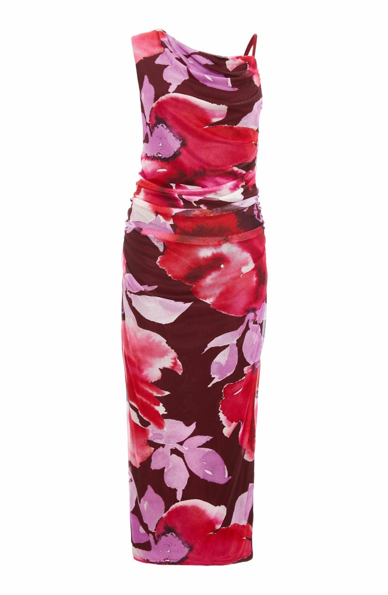 QUIZ Floral Asymmetric Ruched Maxi Dress, Alternate, color, Berry