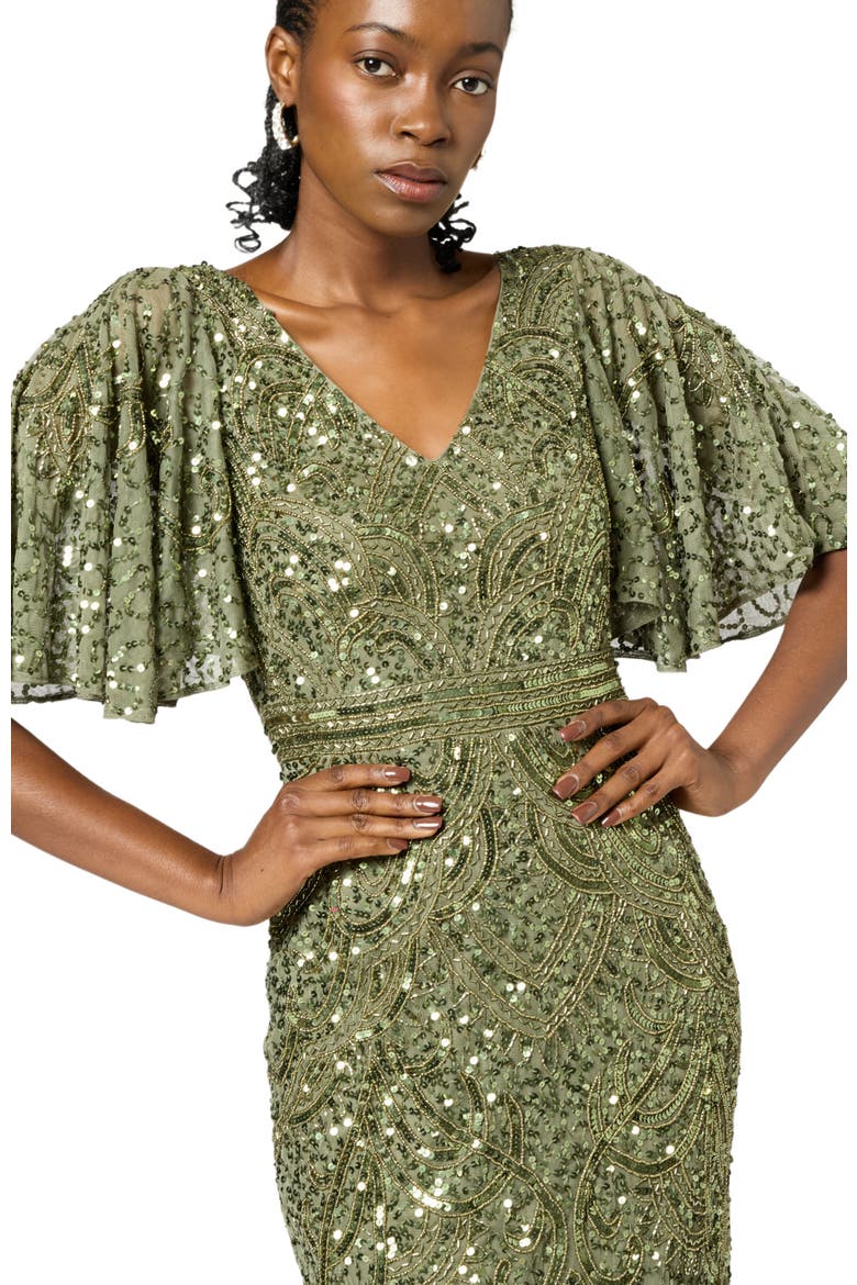 Occasion Embellished Sequin Beaded V Neck With Short Sleeves Evening Dress, Alternate, color, OLIVE