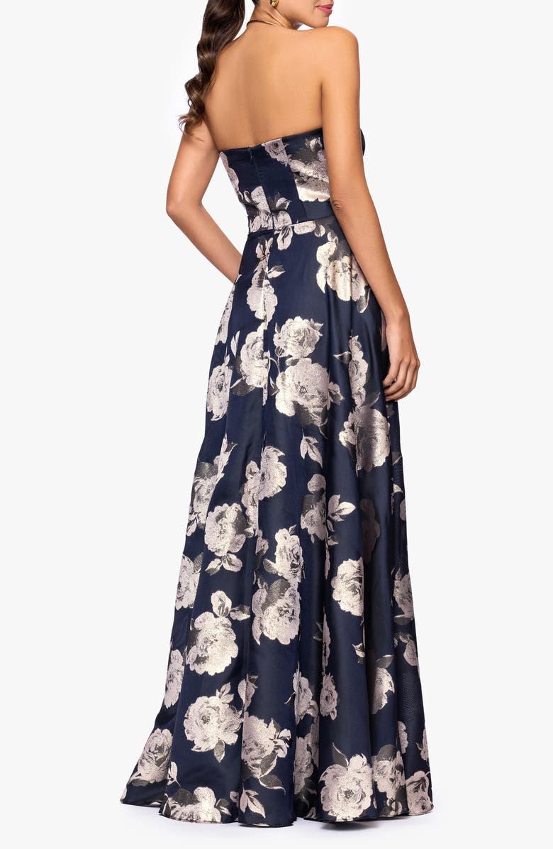 Betsy & Adam Jacquard Burnout Strapless Gown, Alternate, color, Navy/ Blush
