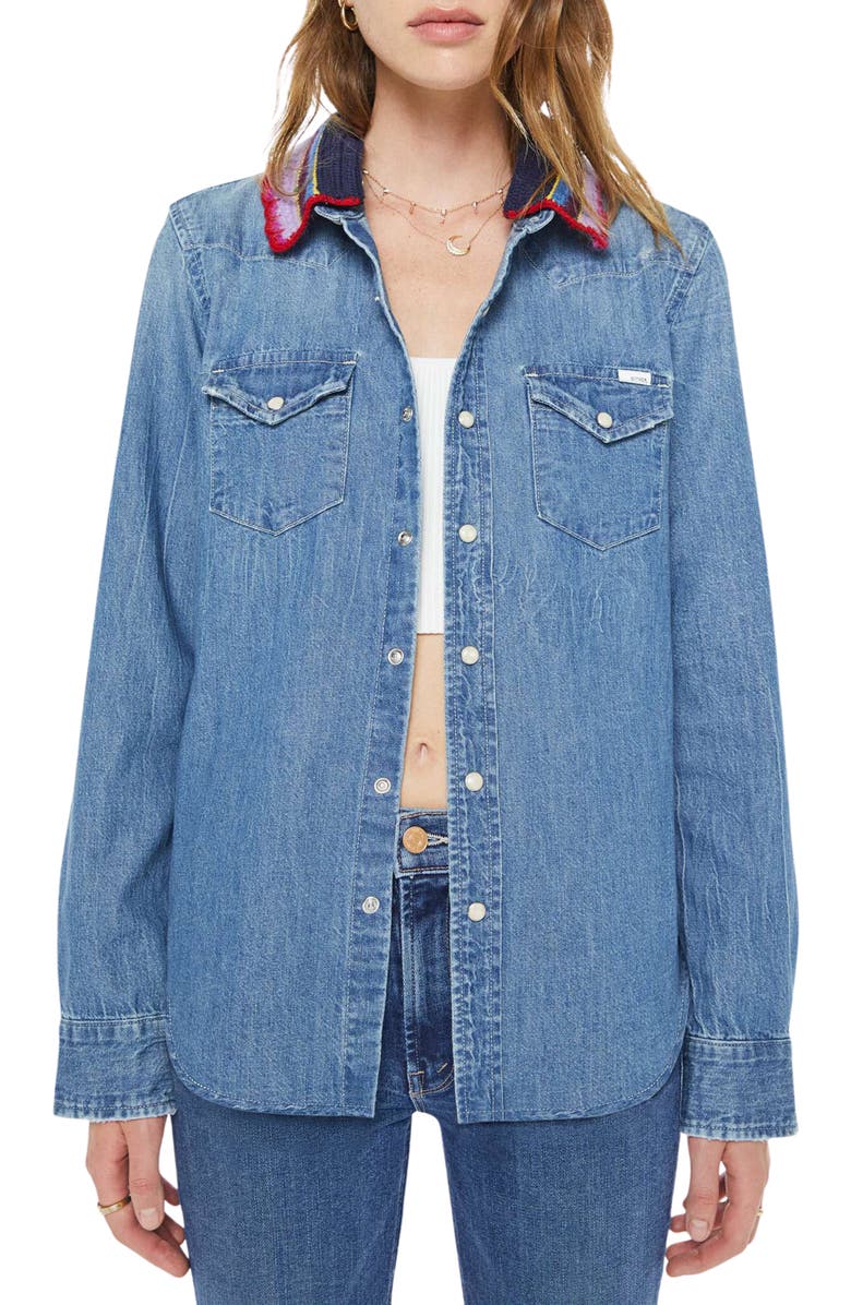 MOTHER The Collar Club Denim Shirt Jacket with Removable Crochet Collar, Main, color, Brownie Points