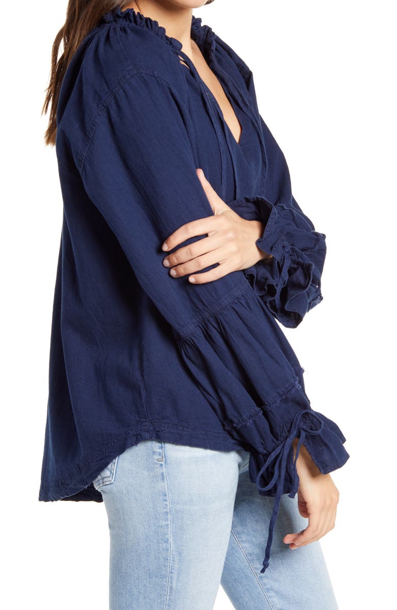 Free People Alpine Denim Tie Neck Top, Alternate, color,