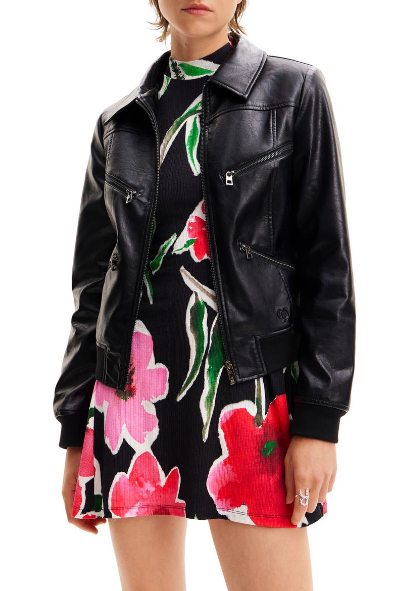 Retro Faux Leather Biker Jacket, Main, color, BLACK