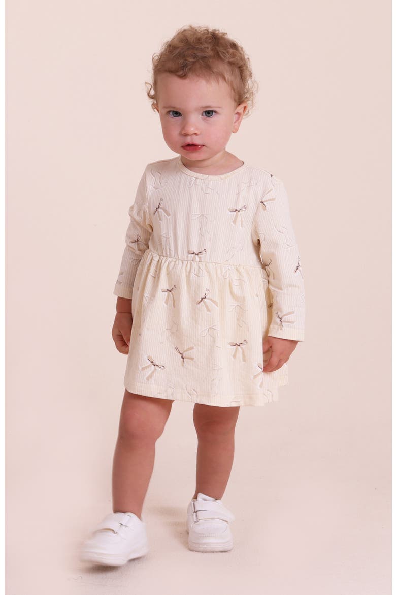 Stripe Bow Print Cotton Skirted Bodysuit, Alternate, color, CREAM