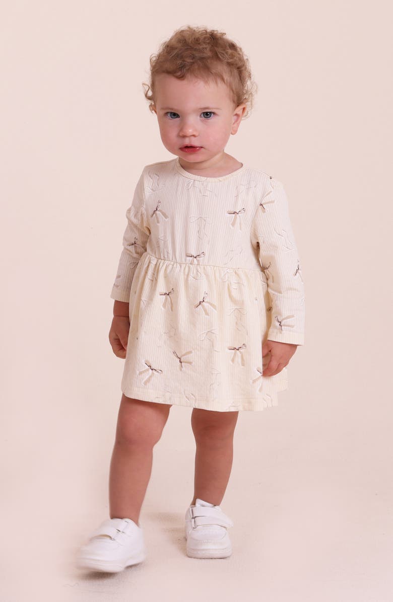 TINY TRIBE Stripe Bow Print Cotton Skirted Bodysuit, Alternate, color, Cream