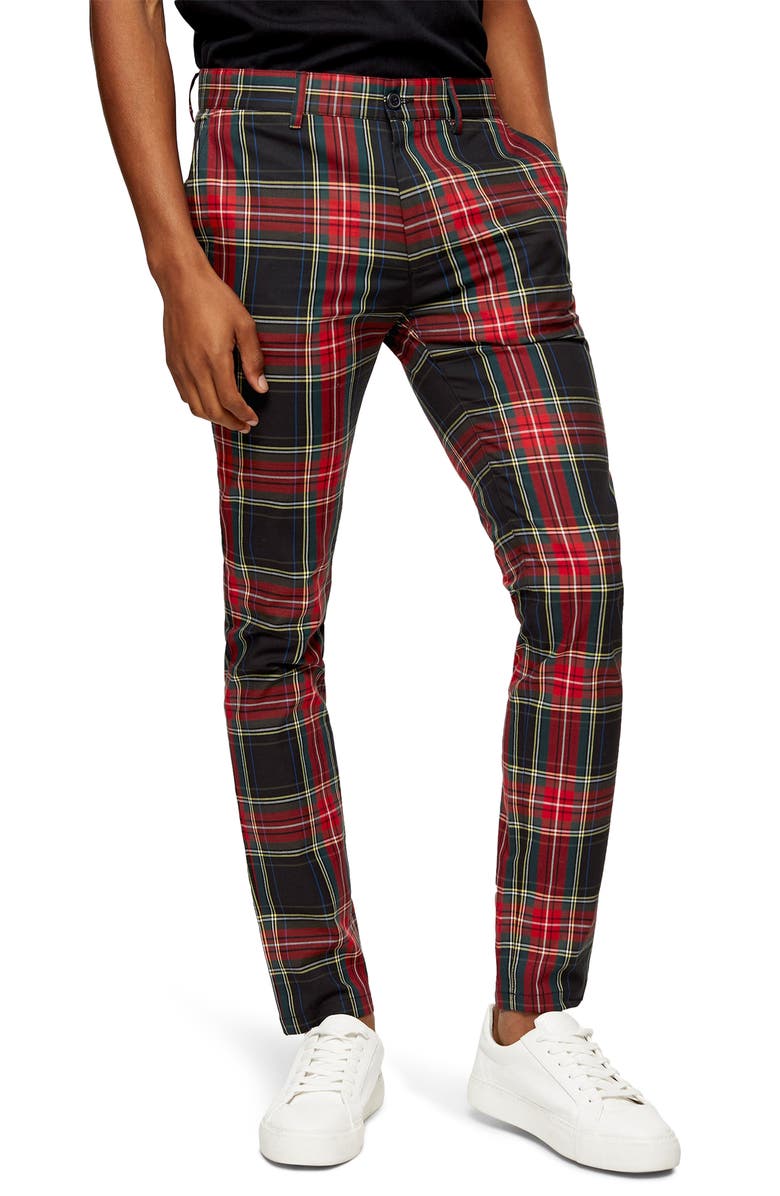 Topman Tartan Stretch Skinny Fit Pants, Main, color, 