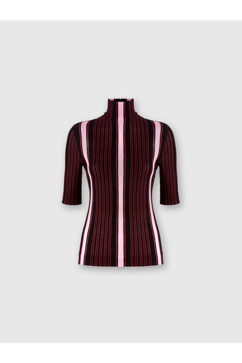 Short-sleeved Turtleneck In Striped Cotton And Viscose, Main, color, Black & Pink
