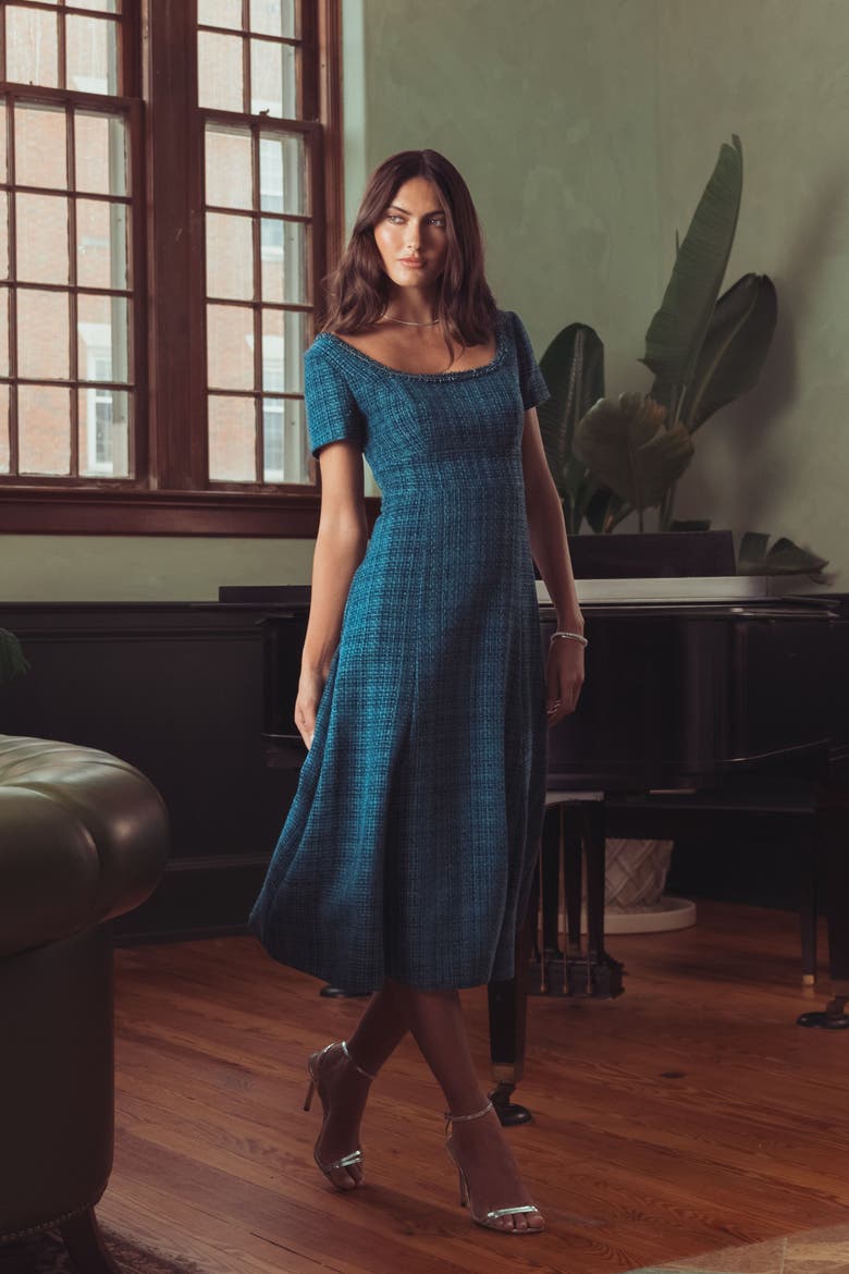 Embellished Bouclé Short Sleeve Midi Dress, Alternate, color, Teal