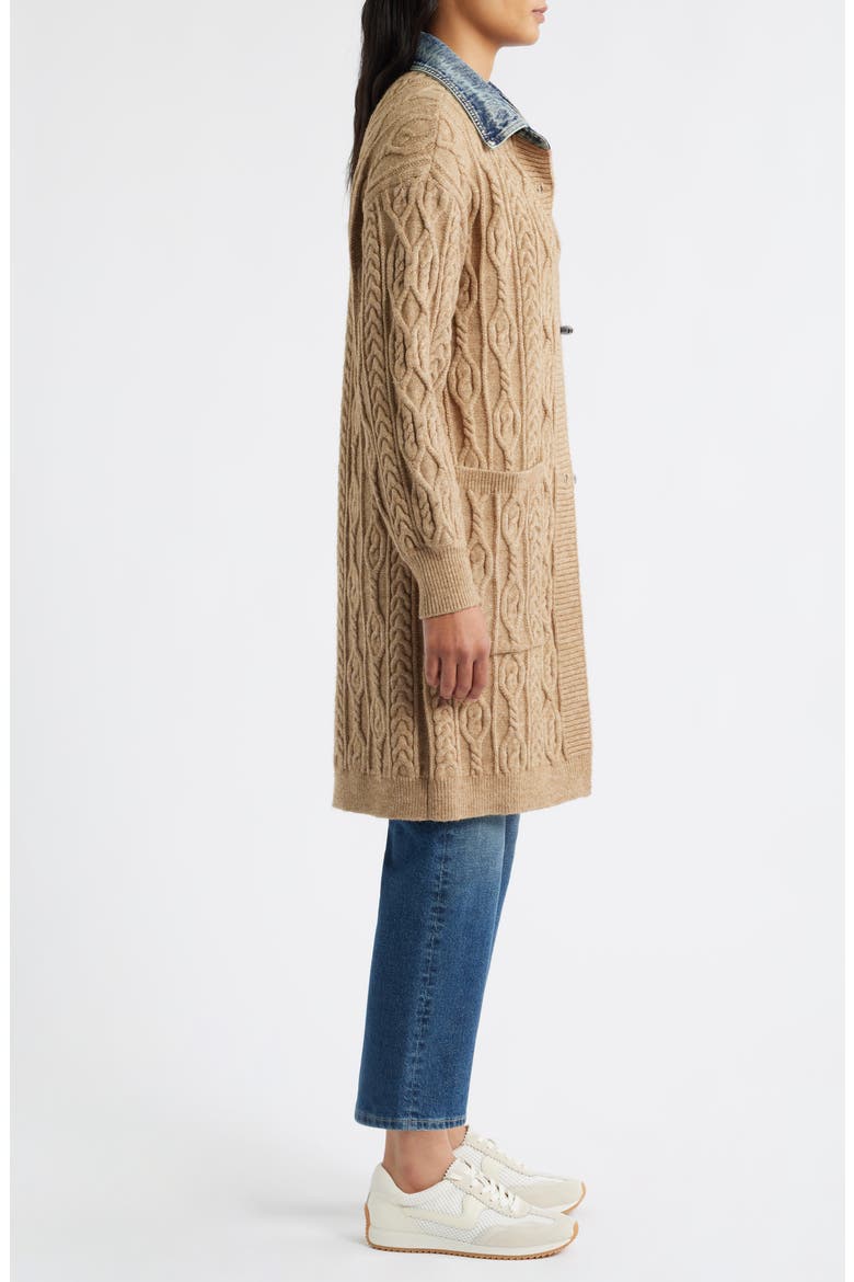 Denim Collar Cable Long Cardigan, Alternate, color, BROWN