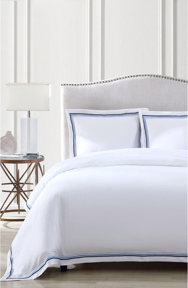 Pure Parima Egyptian Cotton Sateen Bratta Embroidery Triple Luxe Sateen 3-Piece Duvet Cover Set, Alternate, color, Ocean