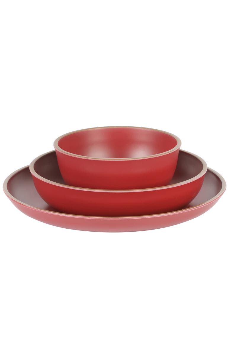 Rockabye 12 Piece Double Bowl Malemine Dinnerware Set, Alternate, color, Red