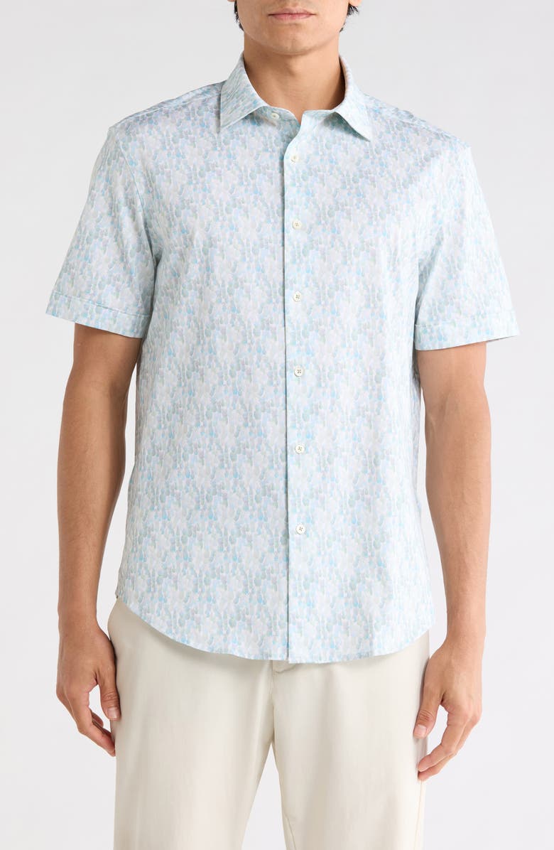 Bugatchi Short Sleeve Stretch Cotton Button-Up Shirt, Main, color, Menthol