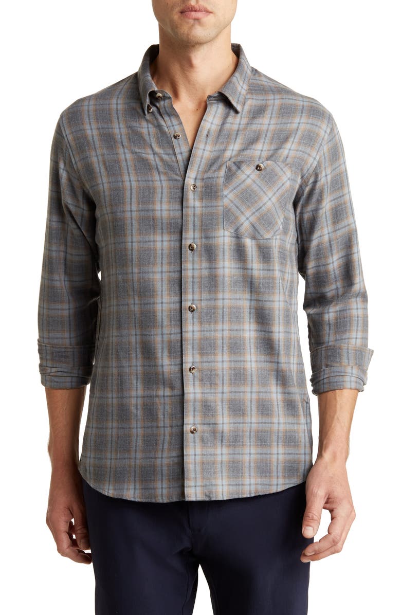 TravisMathew Rooftop Pool Plaid Long Sleeve Button-Up Shirt, Main, color, Heather Black
