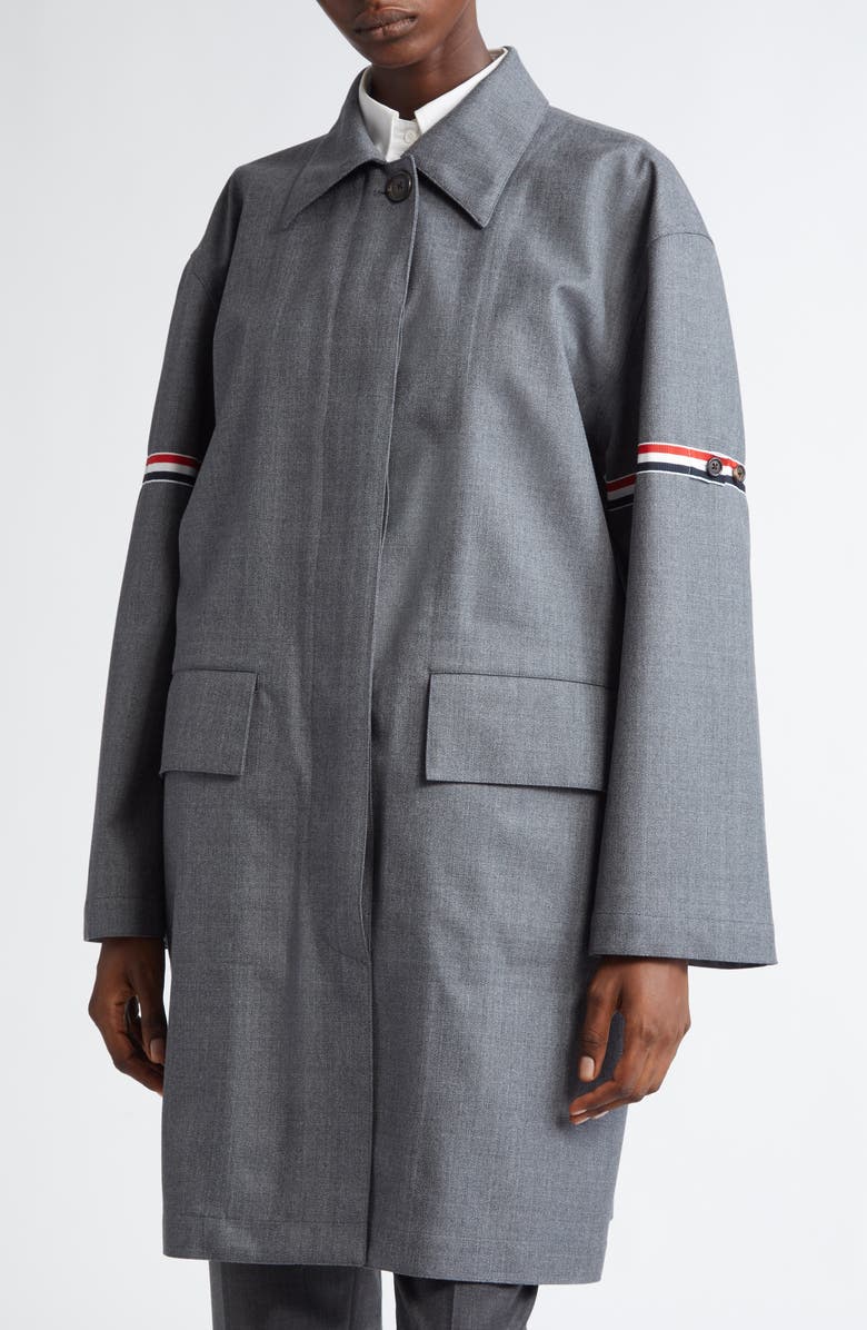 Thom Browne Tricolor Armband Water Resistant Wool Blend Twill Coat, Alternate, color, Medium Grey