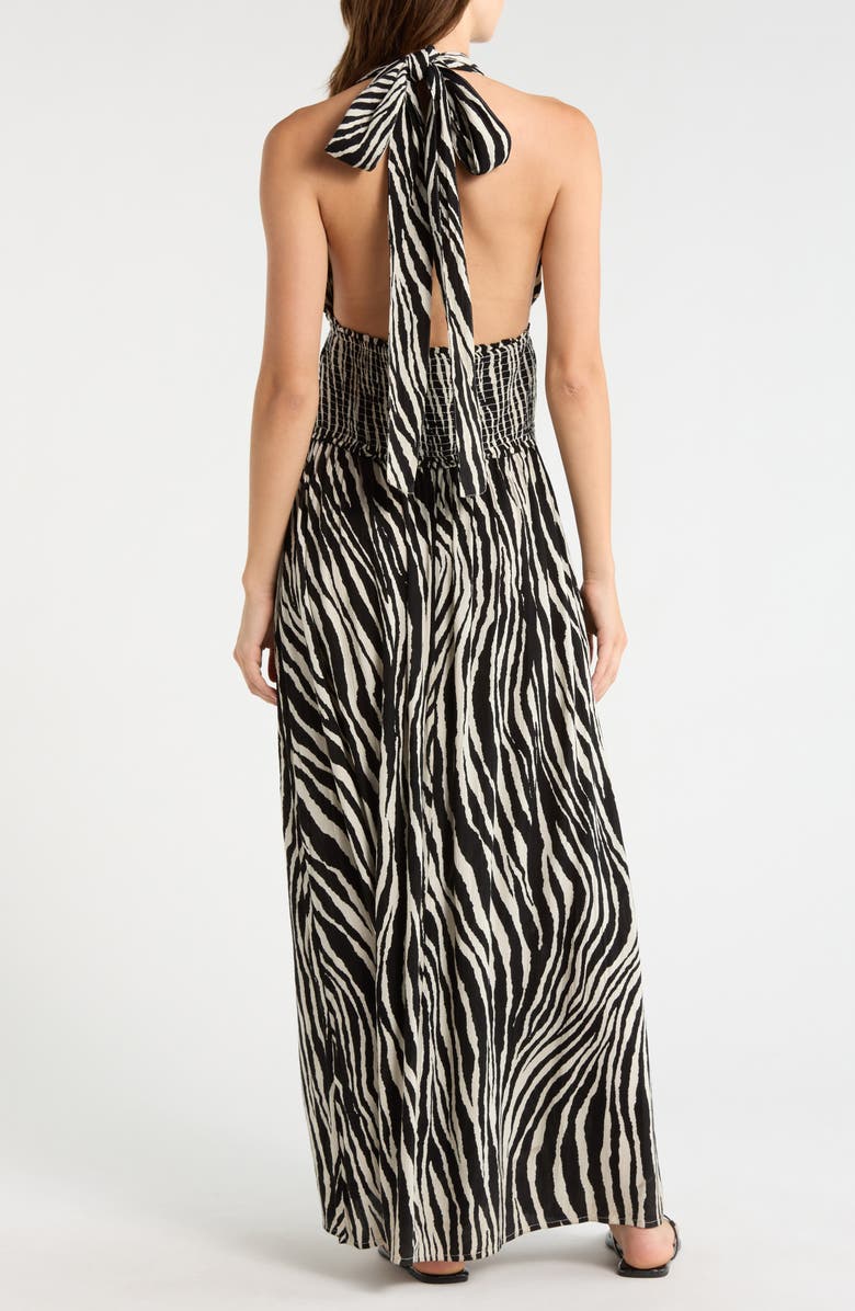 Elan Halter Smocked Waist Maxi Cover-Up Dress, Alternate, color, Black Zebra