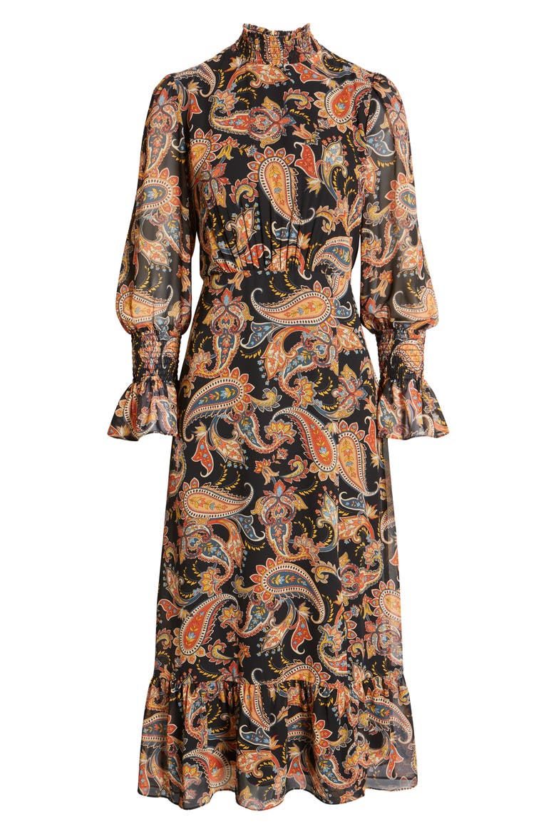 Paisley Long Sleeve Midi Dress, Alternate, color, BLACK/MULT