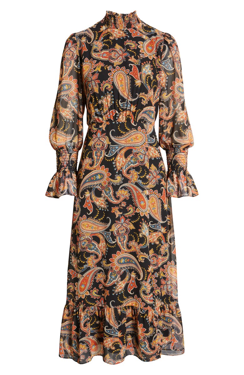 Julia Jordan Paisley Long Sleeve Midi Dress, Alternate, color, Black Multi