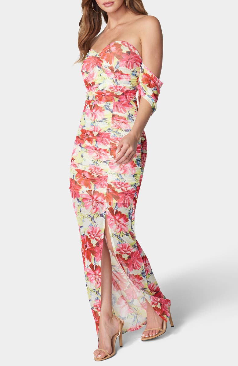 bebe Floral Off the Shoulder Mesh Dress, Alternate, color, 