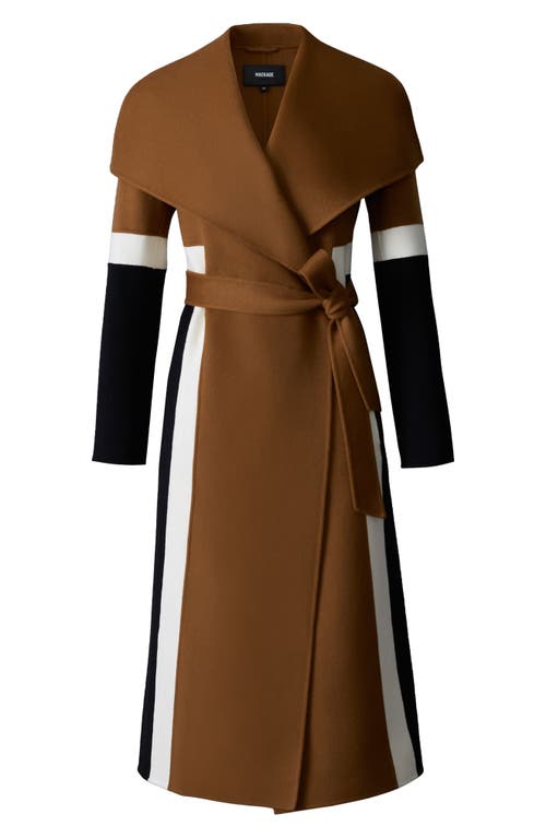 Mackage Nyrie Stripe Tie Waist Wool Coat In Earth Brown Multi