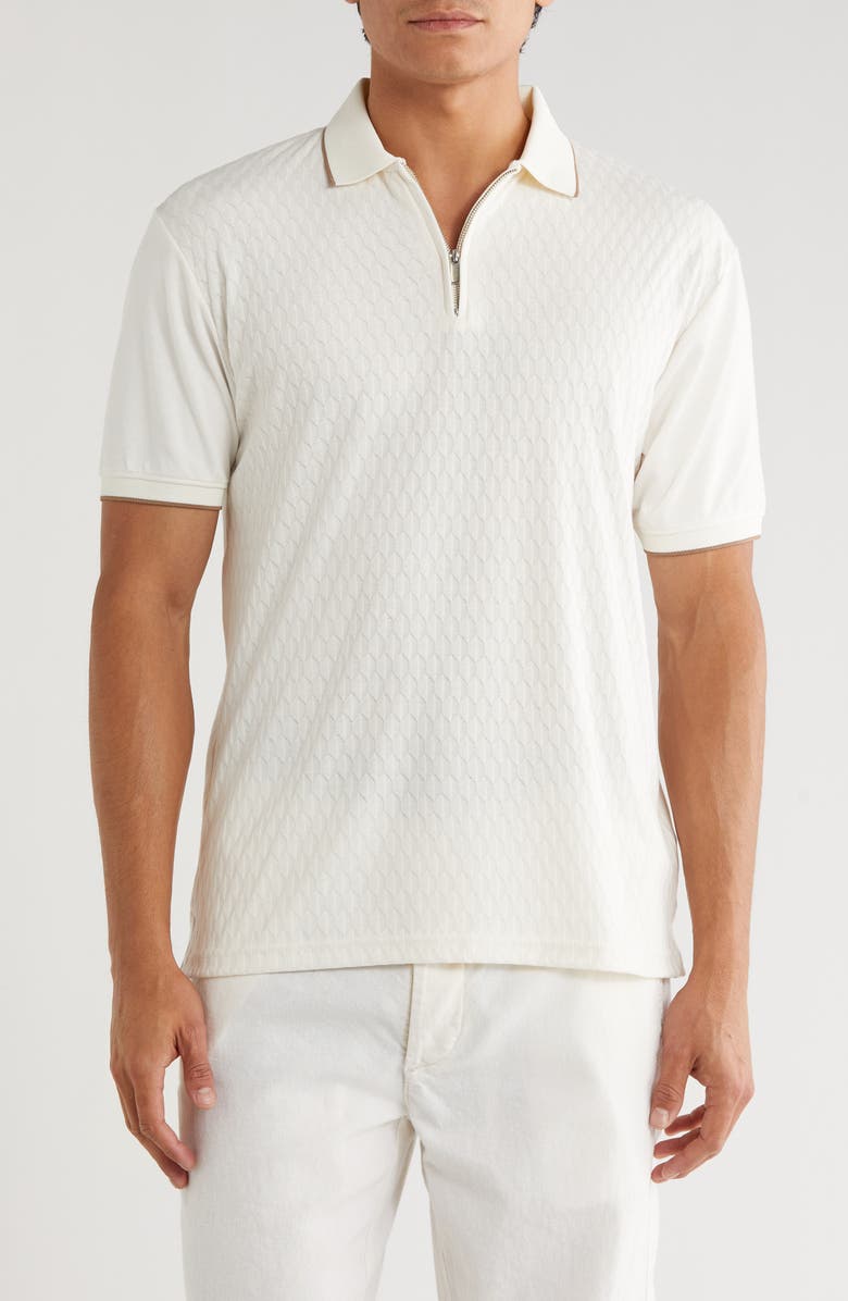 Cactus Man Textured Short Sleeve Zip Polo, Main, color, Off White