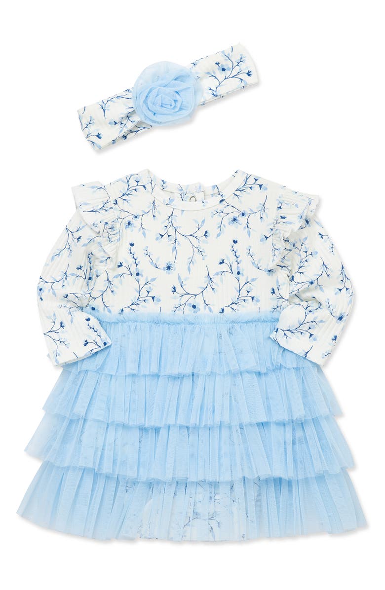 Little Me Floral Long Sleeve Tutu Dress & Headband Set, Alternate, color, Blue