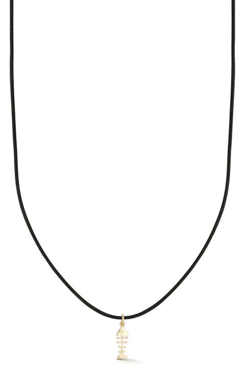 14K Gold Fishbone Pendant Cord Necklace