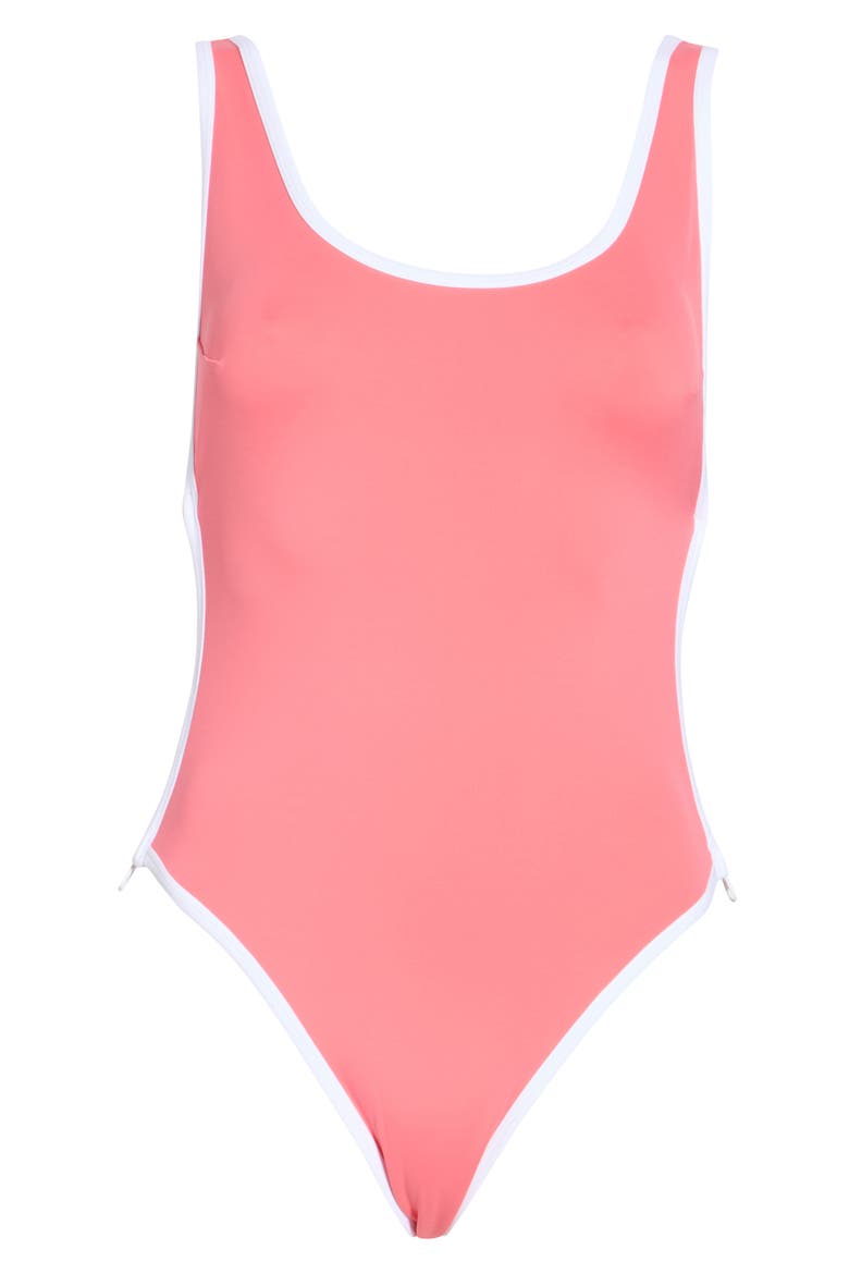 Varsity Layout One-Piece Swimsuit, Alternate, color, CORAL BLOSSOM