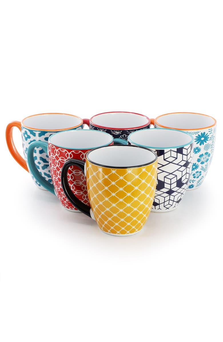 Elama Rory 6 Piece 16 Ounce Assorted Design Stoneware Mug Set, Alternate, color, Assorted