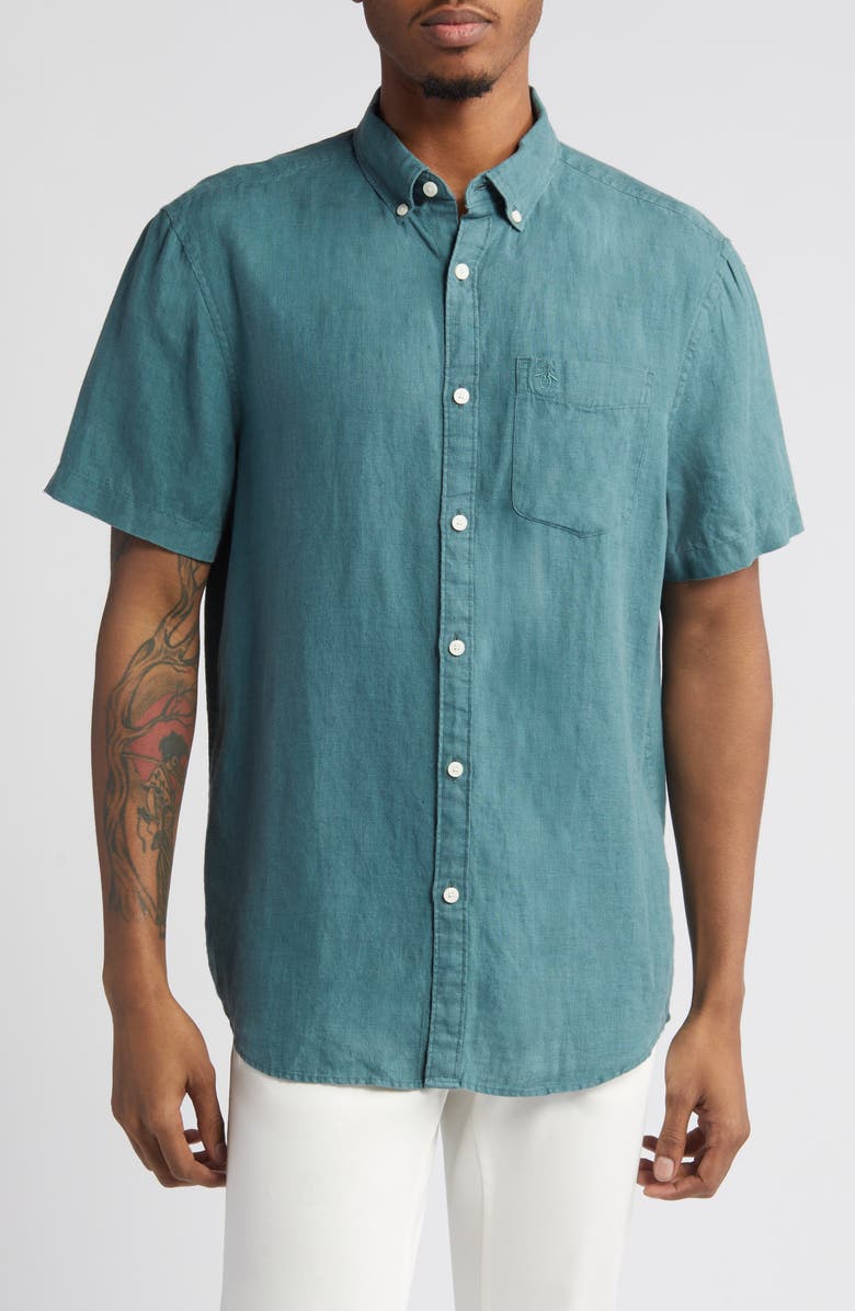 Original Penguin Delave Short Sleeve Linen Button-Up Shirt, Main, color, 