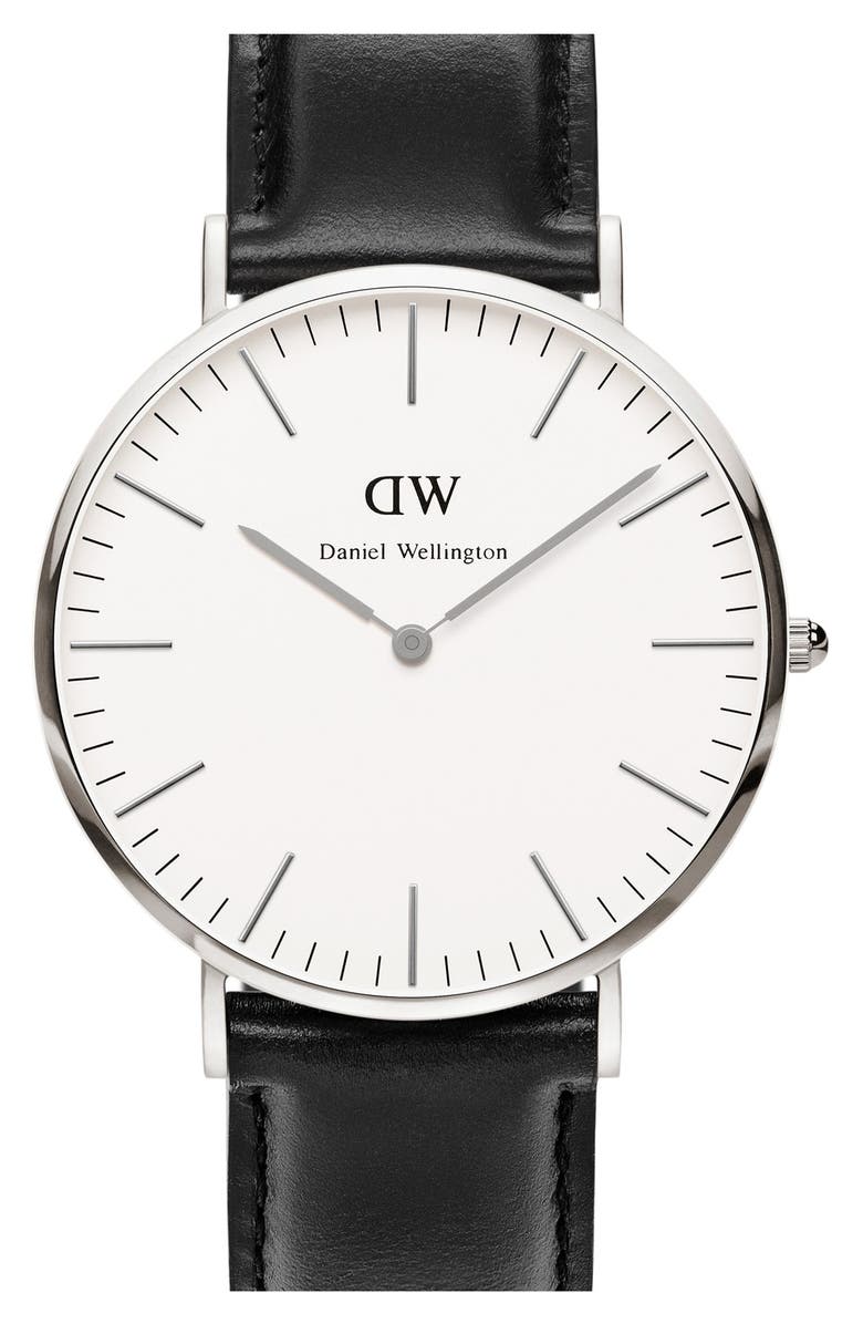 Daniel Wellington 'Classic Sheffield' Leather Strap Watch, 40mm, Main, color, Silver/White/Silver